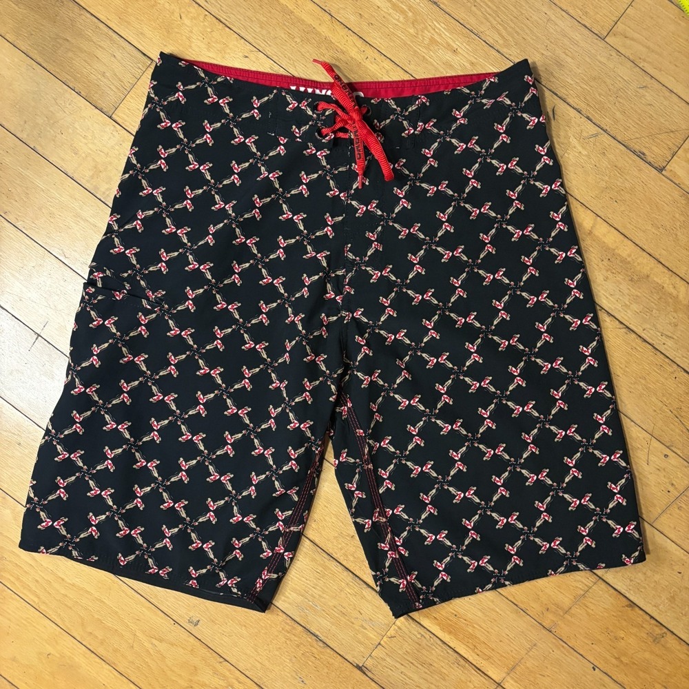 Hinano Tahiti Boardshorts Men 33 Black Red Hinano Hula Girl Print Surf Swim
